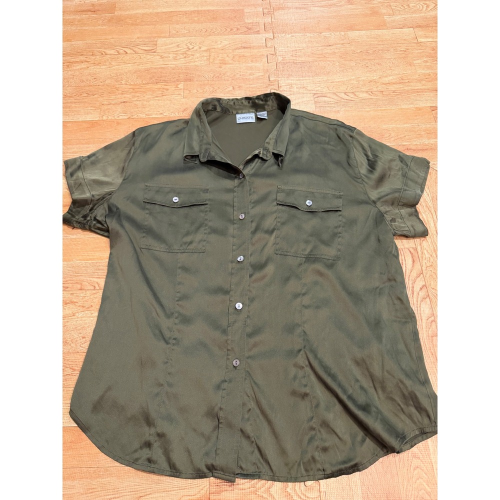 Chico's Silk Blend Short Sleeve Button Down Shirt Olive Green Size 3 Large XL
